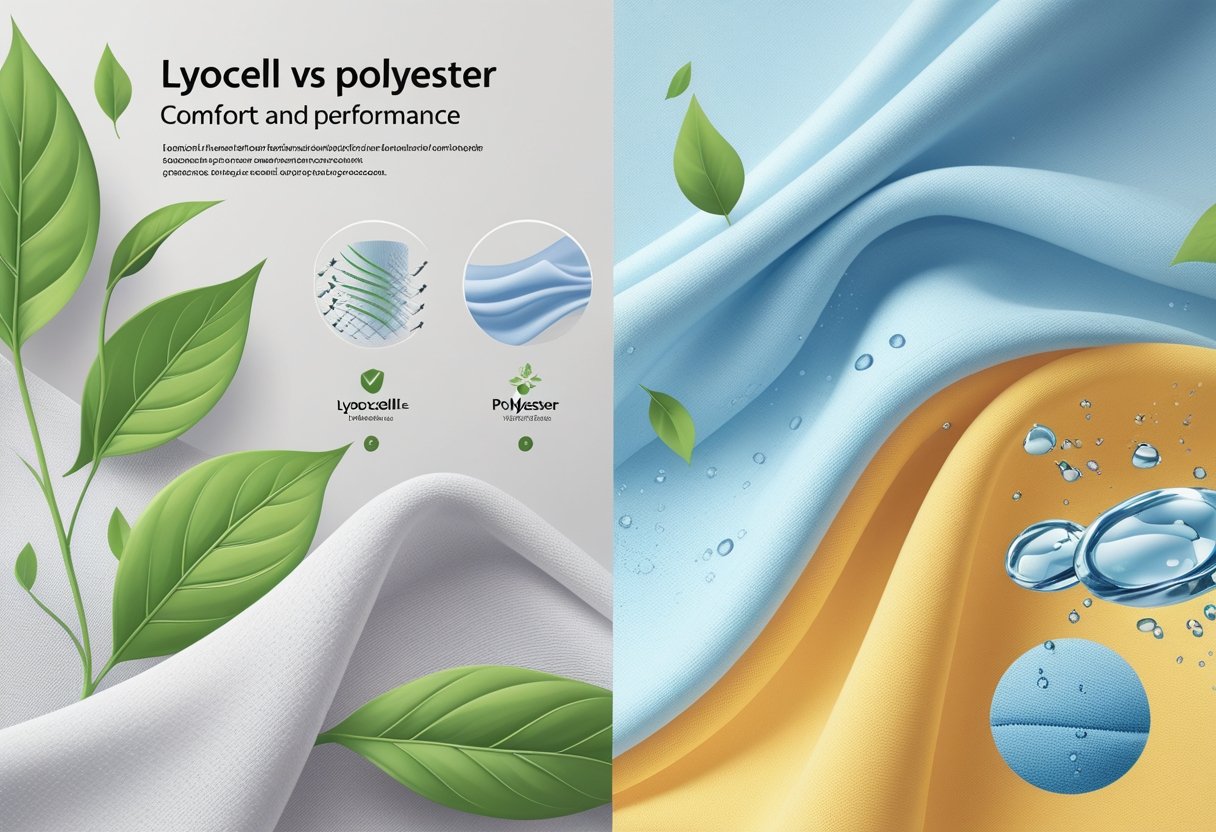 Une illustration montrant une comparaison côte à côte du tissu lyocell avec des fibres naturelles et des feuilles vertes d'un côté, et un tissu de polyester avec une texture synthétique lisse et des gouttelettes d'eau de l'autre côté.