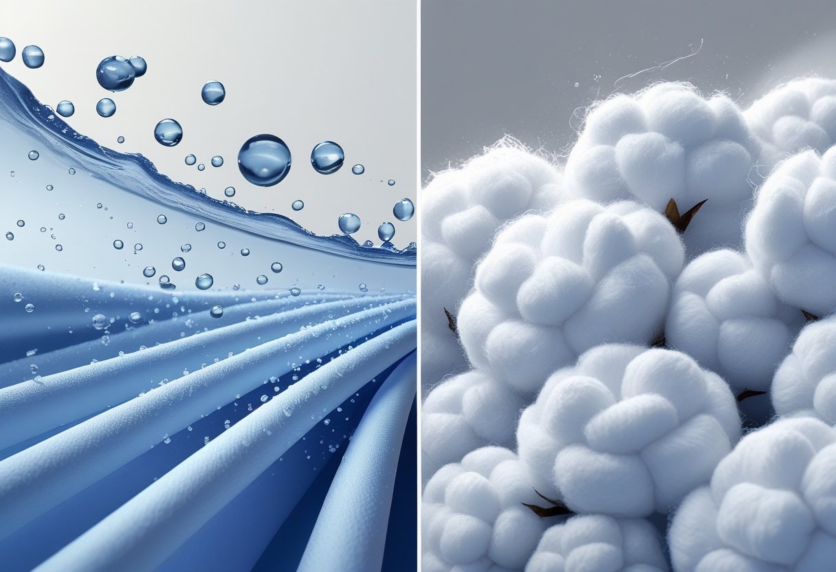 Une comparaison détaillée des fibres de lyocell et de coton montrant la mèche d'humidité sur Lyocell avec des gouttelettes d'eau s'éloignant et l'absorption d'humidité sur le coton avec des gouttelettes d'eau maintenues à l'intérieur des fibres.