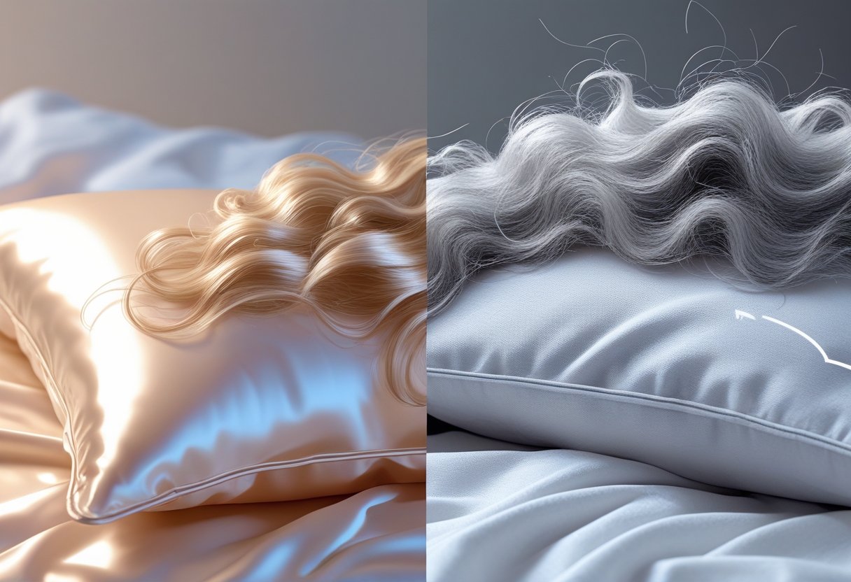 Une comparaison côte à côte des cheveux reposant sur une taie d'oreiller en soie et des cheveux reposant sur une taie d'oreiller en coton, montrant des cheveux lisses et sains du côté de la soie et des cheveux crépus du coton.