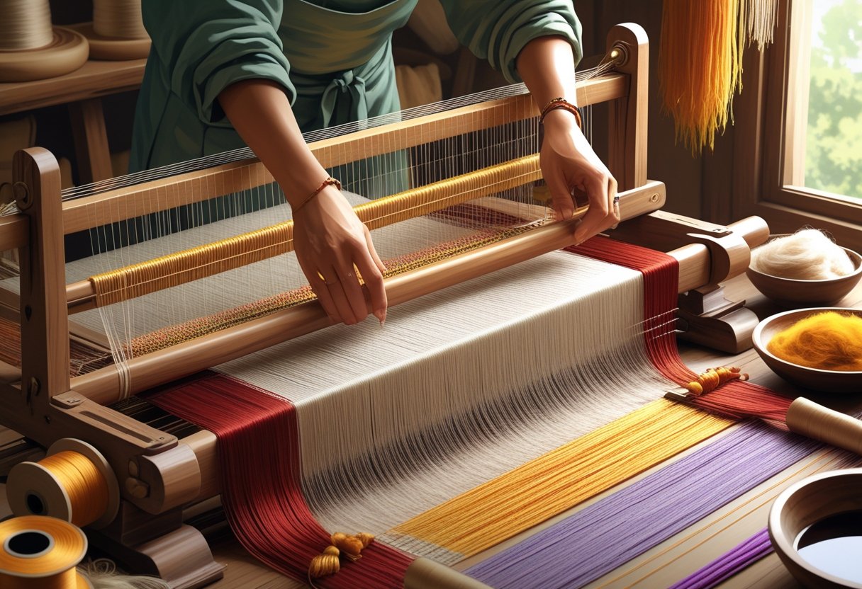 Un artisan tissant des fils de soie colorés sur un métier à tisser en bois traditionnel à l'intérieur d'un atelier.