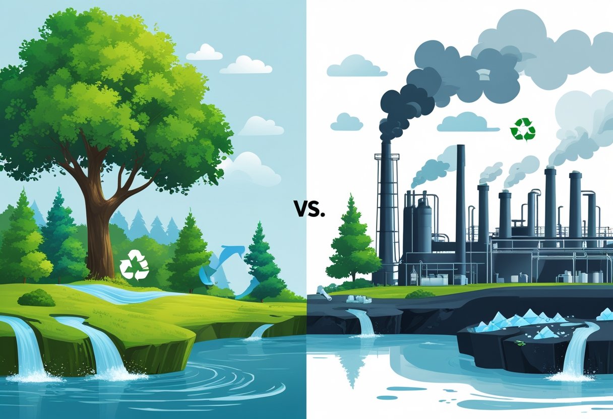 Une scène divisée montrant des arbres verts et de l'eau propre d'un côté représentant le lyocell, et de la fumée d'usine avec des déchets plastiques de l'autre côté représentant du polyester.