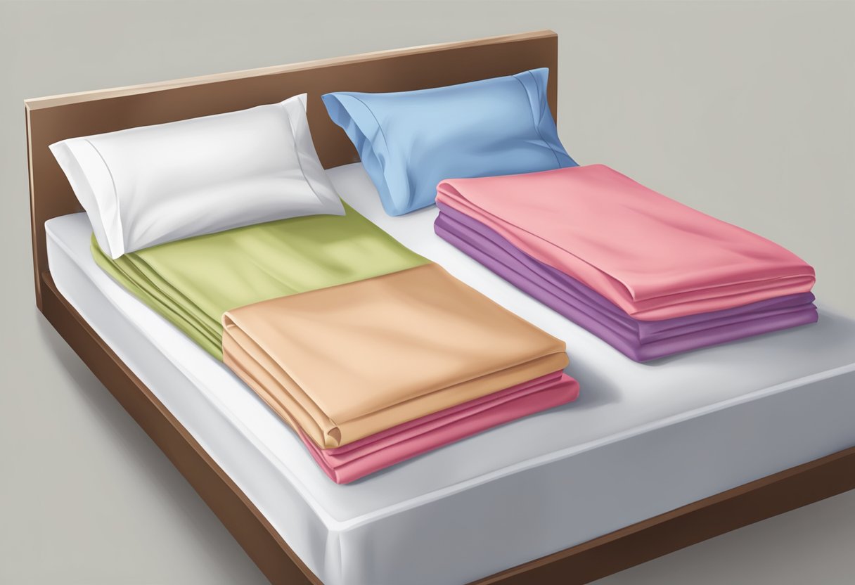 Un lit avec différentes tailles de draps de lit soigneusement pliés sur le dessus