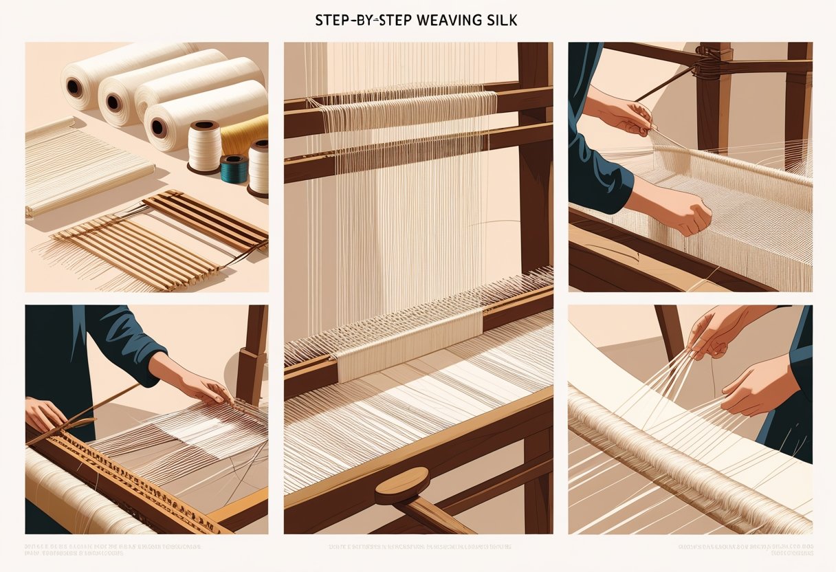 Une illustration montrant le processus étape par étape du tissage de la soie sur un métier à tisser en bois, avec des mains travaillant les fils et le tissu de soie fini.