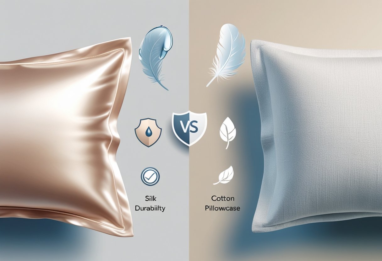 Une illustration côte à côte d'une taie d'oreiller en soie avec des gouttelettes d'eau et une taie d'oreiller en coton avec une texture tissée, mettant en évidence leurs différences de durabilité et de soins.