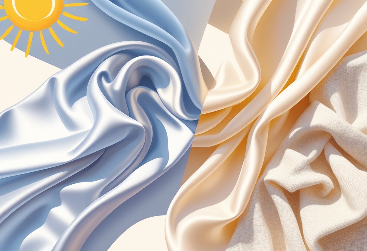 Une scène divisée montrant un tissu de soie lisse d'un côté et des tissus en coton et en lin en texturation de l'autre, avec un soleil chaud en arrière-plan.